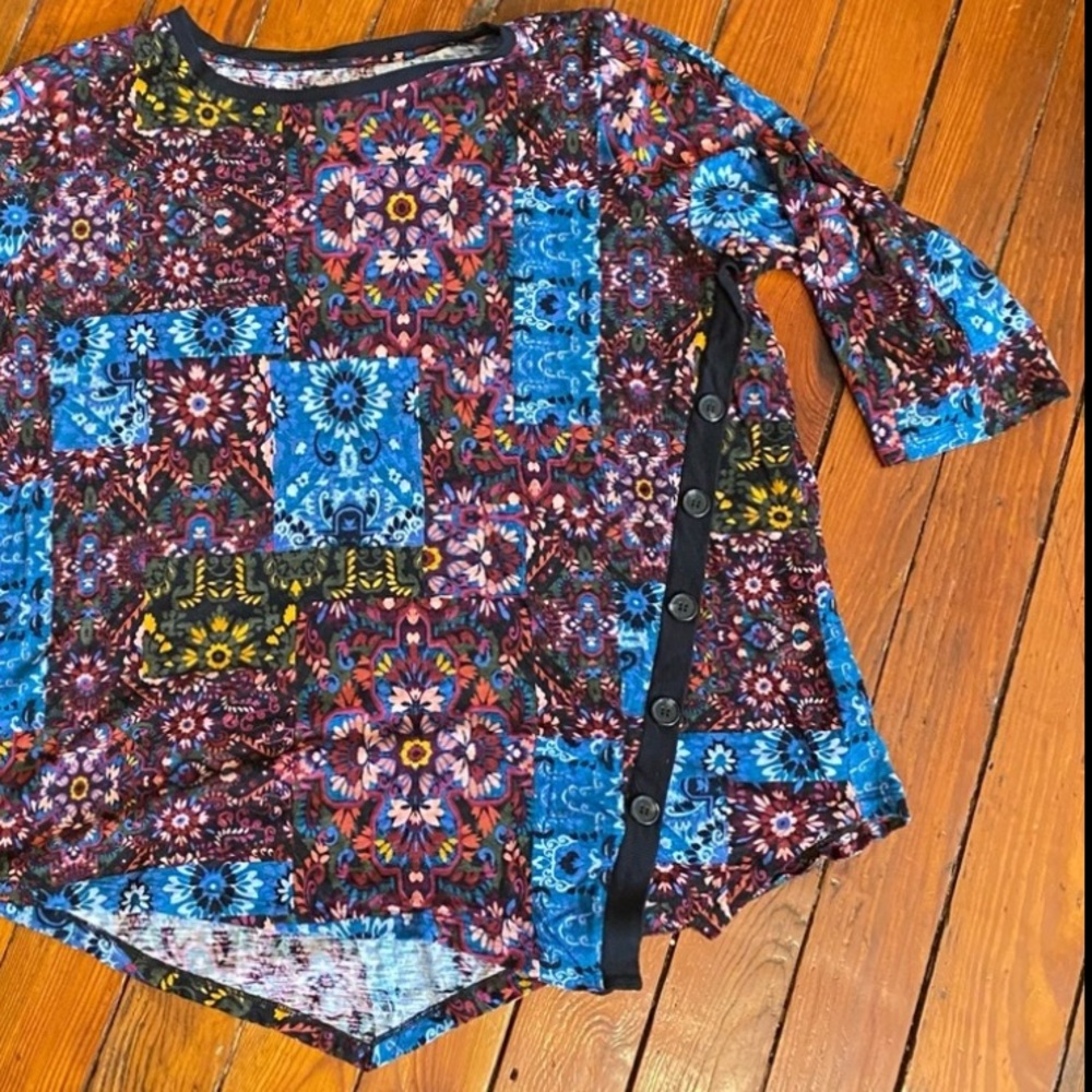 Westbound Asymmetrical Hem 3/4 Sleeve Crewneck Top Multi Colored Size 2X